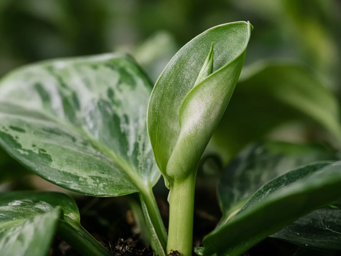 Close-up of a new Snow White leaf opening mostly green with faint white blush on an elongated petiole