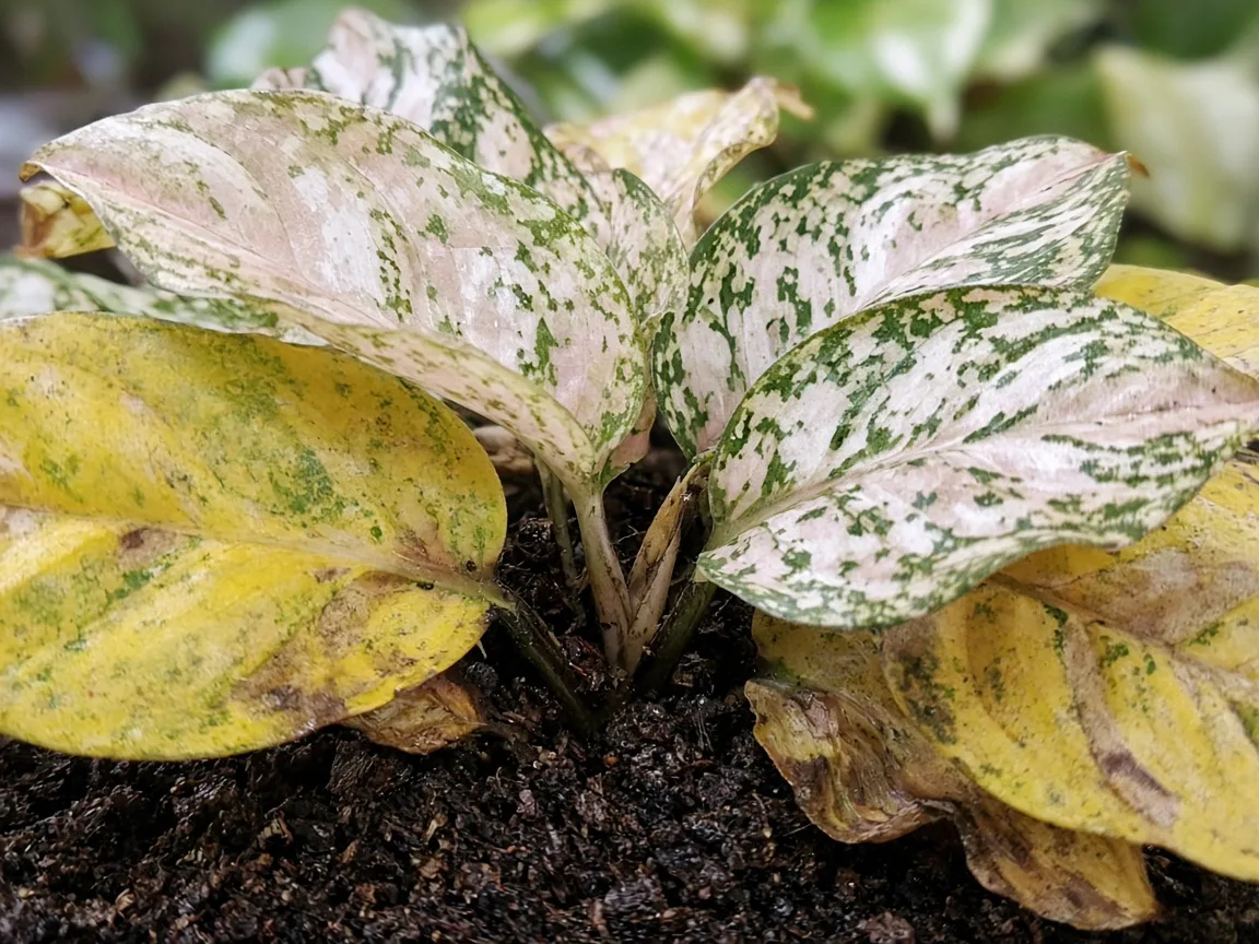 Close-up of yellow lower broad leaves and dark damp soil at the base of Aglaonema Snow White