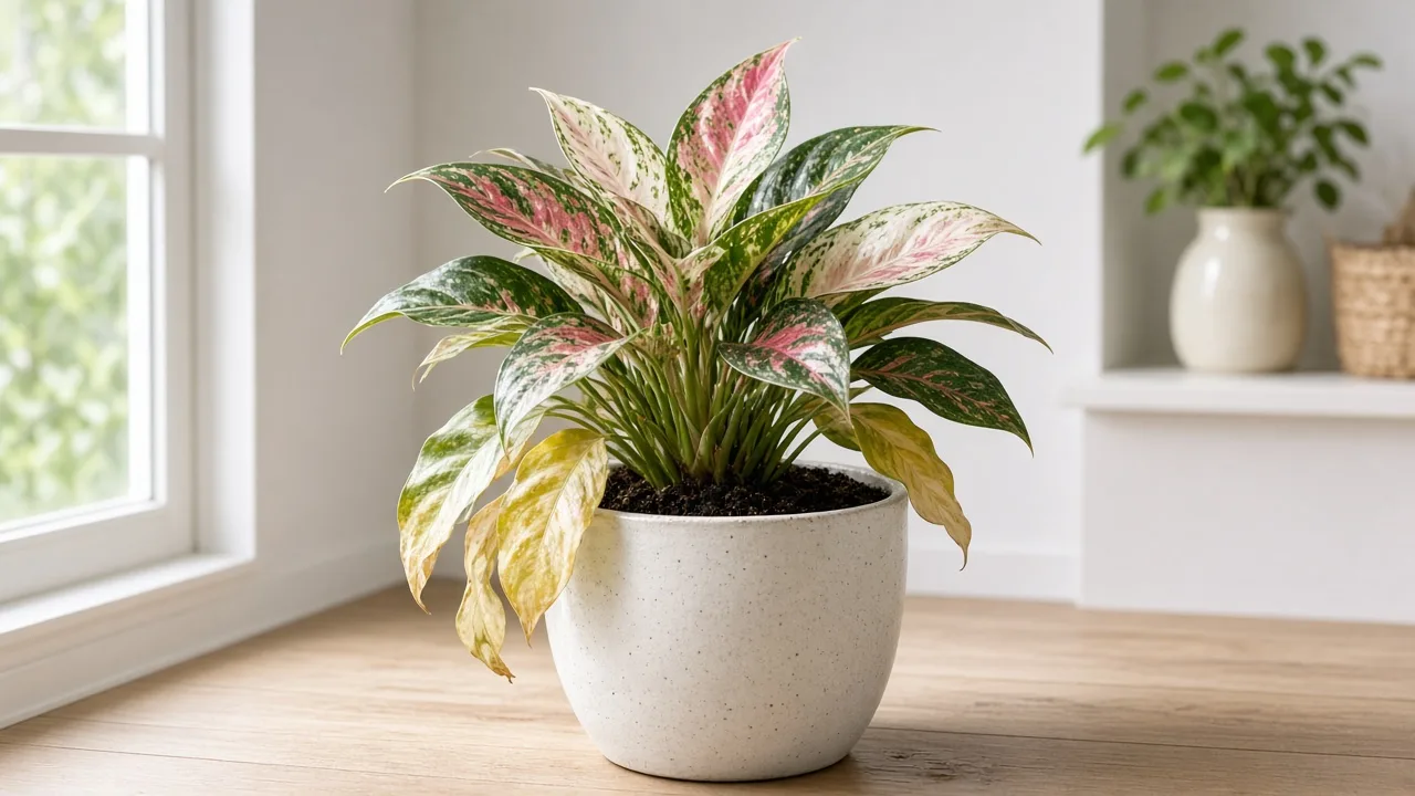 Overwatering on Aglaonema Snow White - yellow lower broad leaves on a heavy pot with dark damp soil and fading white variegation