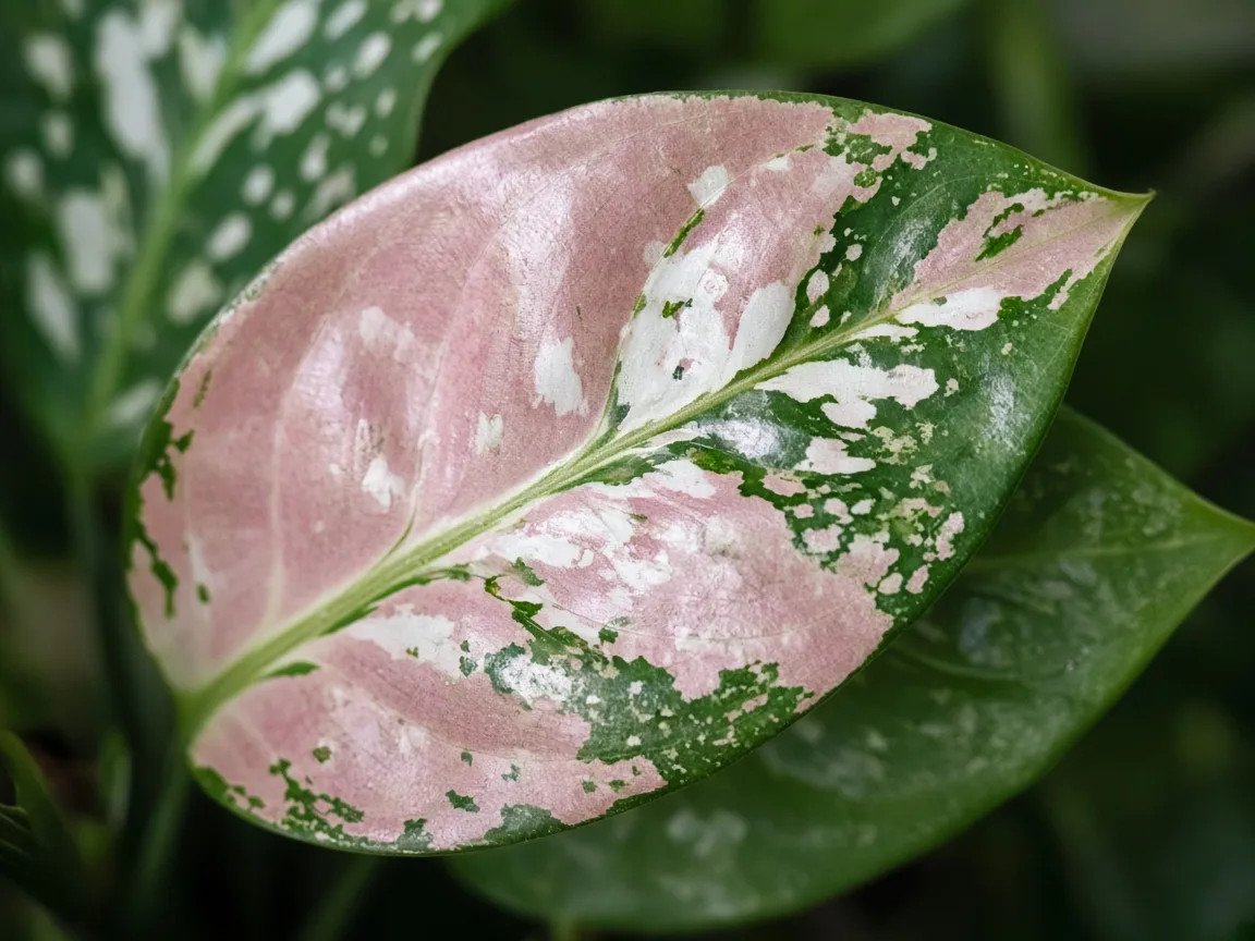 Close-up of pale leaves on Aglaonema Snow White - washed rose-white sectors on blade