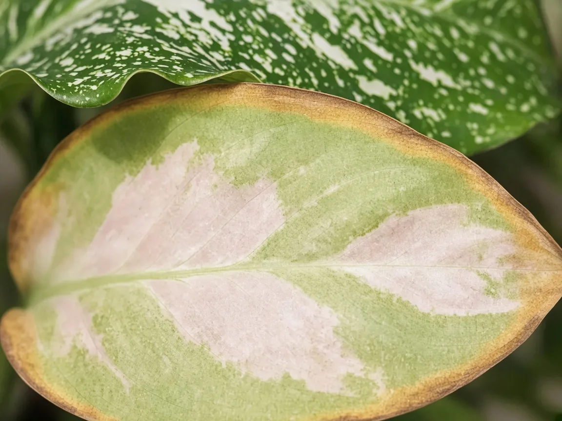 Close-up of yellow-tan scorch along the outer margin of an older Aglaonema Snow White broad leaf with rose-white and green interior tissue still visible