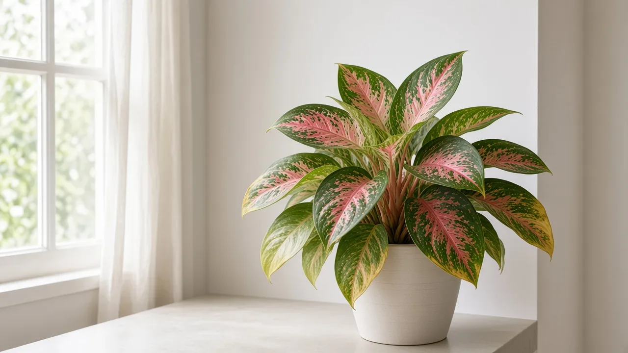 Potassium deficiency on Aglaonema Snow White - scorched margins on older lower broad leaves