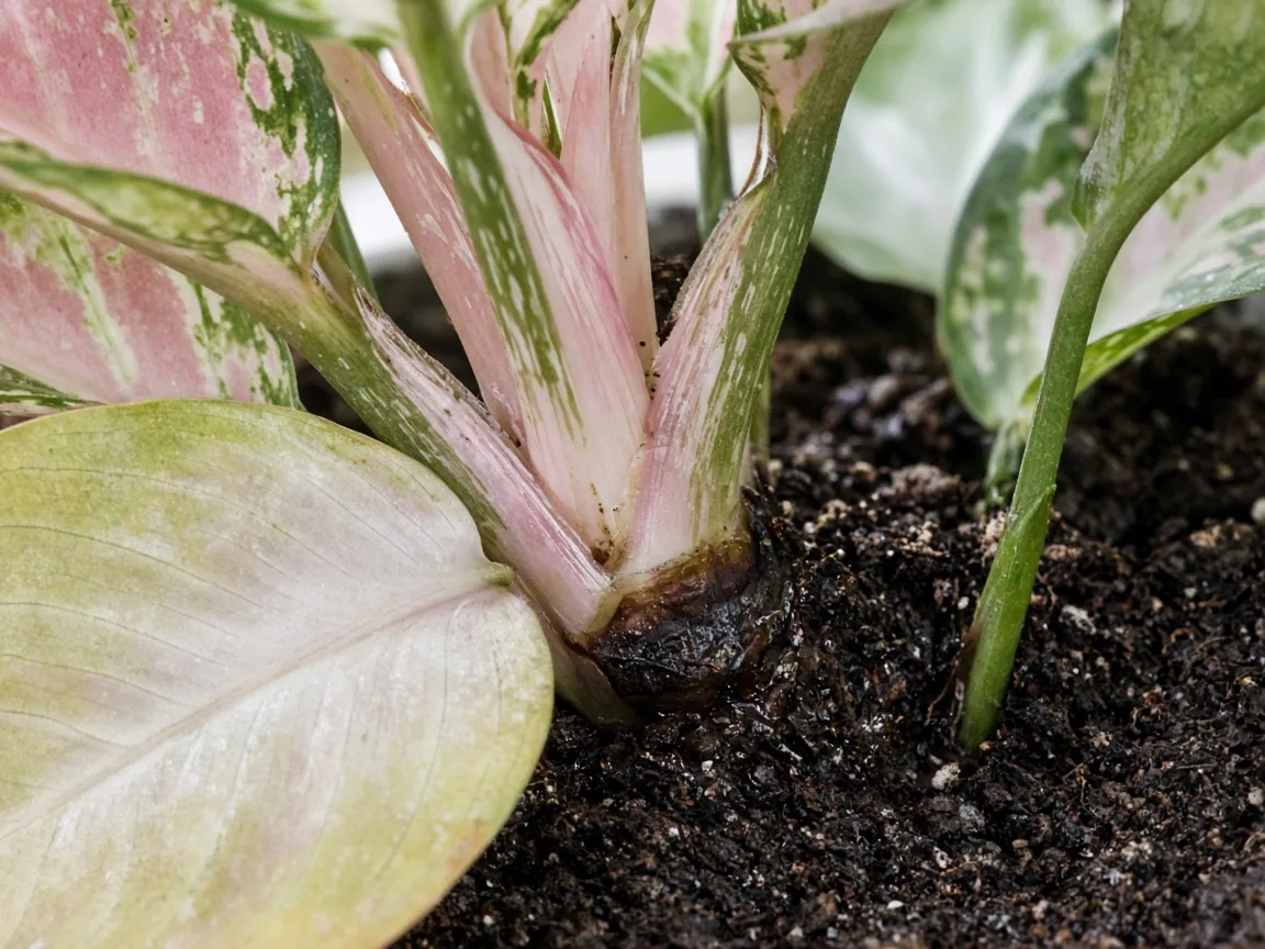 Close-up of root rot on Aglaonema Snow White — soft dark crown tissue and yellowing lower broad leaf