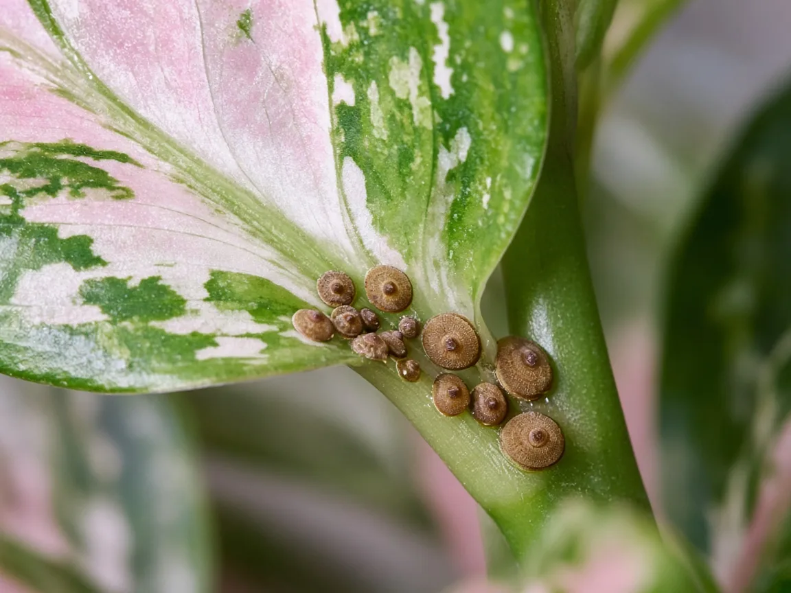 Close-up of tan scale insect bumps along the petiole base of a broad rose-white and red-splashed Aglaonema Snow White leaf