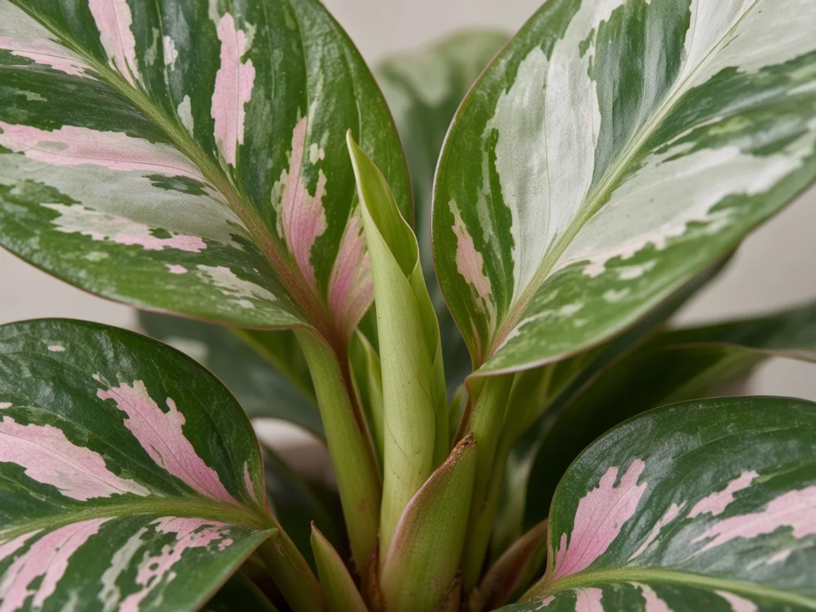 Close-up of Aglaonema Snow White crown center with tight broad leaf spacing and no fresh rose-white blade emerging