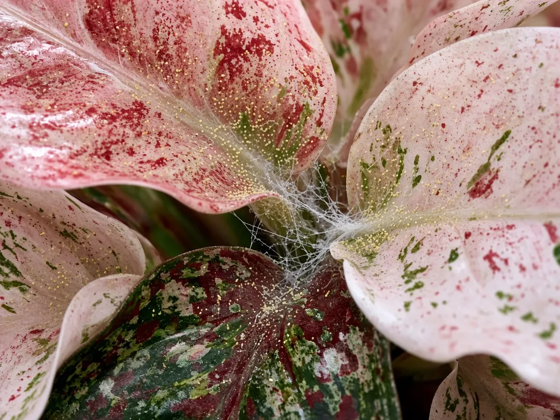 Close-up of fine yellow stippling and delicate webbing along a rose-white and red-splashed leaf underside on Aglaonema Snow White