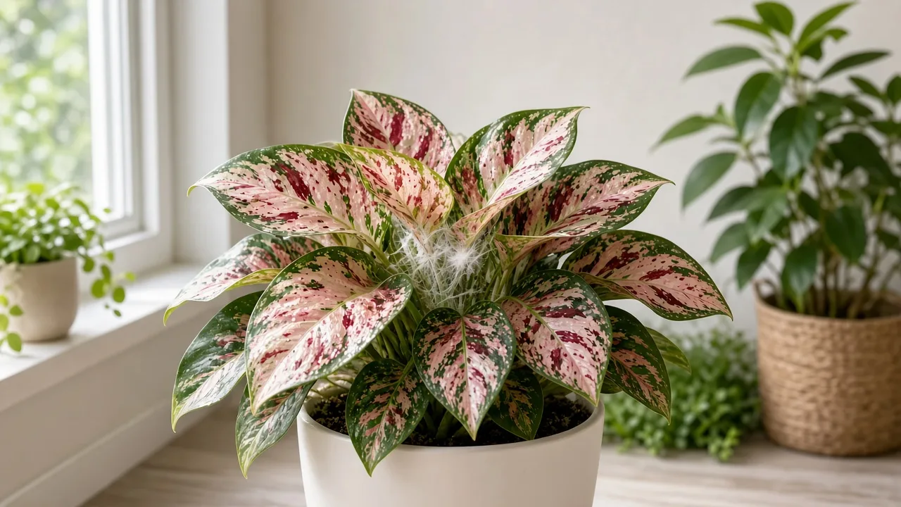 Spider mites on Aglaonema Snow White - stippling on rose-white and red-splashed broad Chinese evergreen leaves