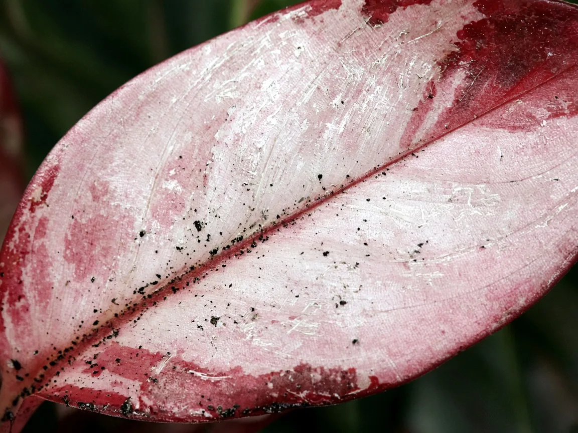 Close-up of thrips damage on Aglaonema Snow White - silvery streaks and black frass on a broad rose-white and red-splashed leaf