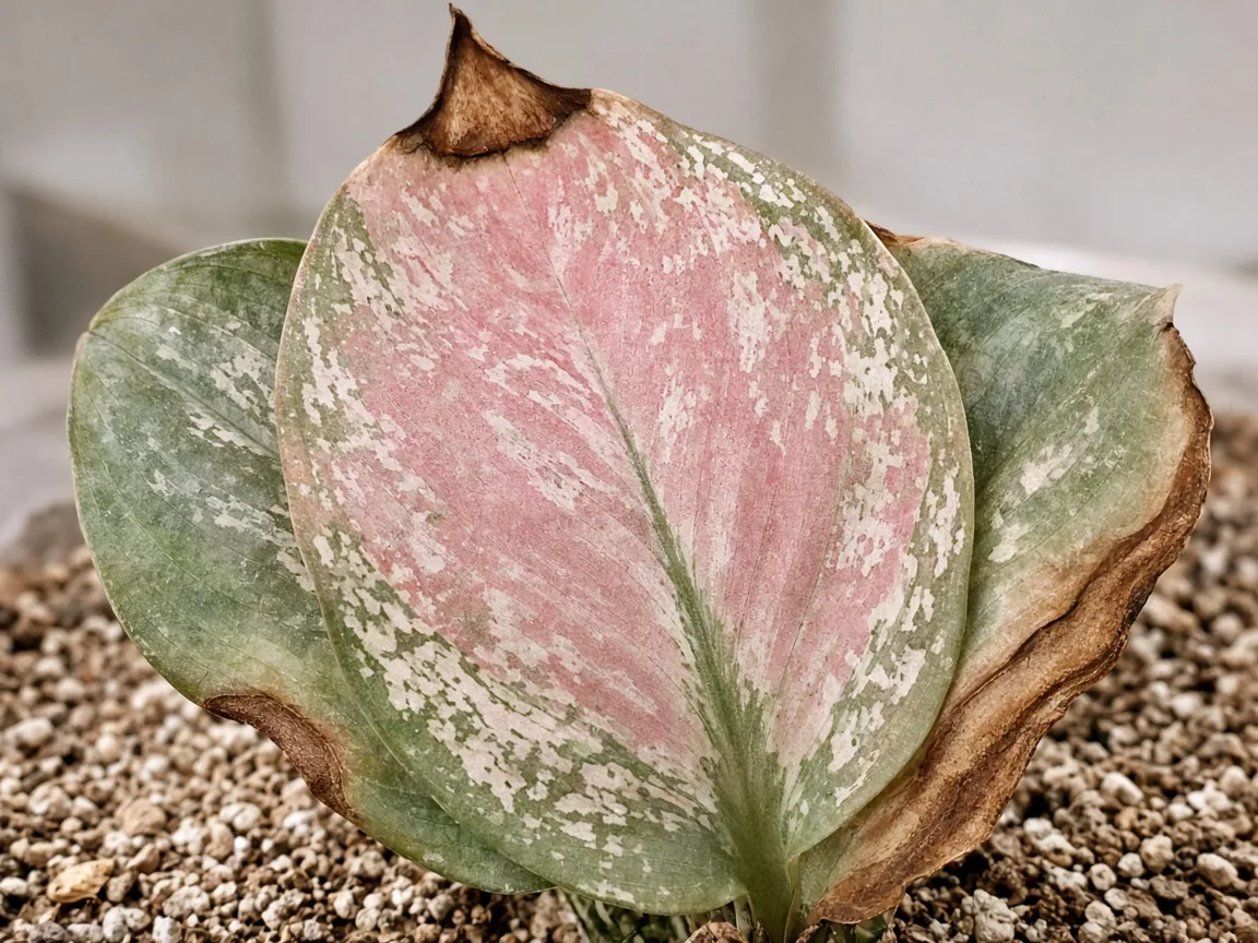 Close-up of crisp brown tips and cupped broad leaves on Aglaonema Snow White