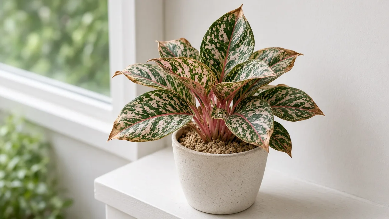 Underwatering on Aglaonema Snow White - cupped firm broad leaves with crisp brown tips on a light dry pot with pale dusty mix