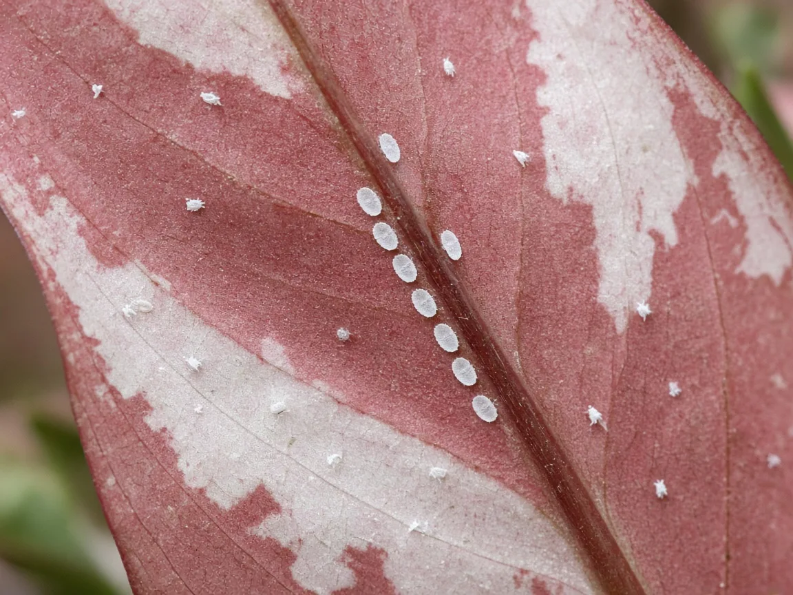 Close-up of whitefly nymph disks on the underside of a broad rose-white and red-splashed Aglaonema Snow White leaf