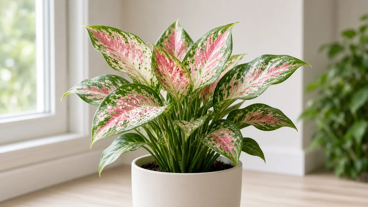 Whiteflies on Aglaonema Snow White - tiny white insects on broad rose-white and red-splashed leaf undersides