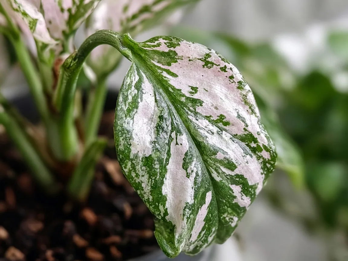 Close-up of wilting on Aglaonema Snow White - limp collapsed petiole and drooping white-splashed variegated leaf at the crown