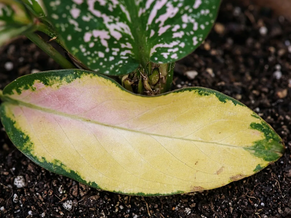 Close-up of yellow lower broad leaf with faded rose-white zones on Aglaonema Snow White
