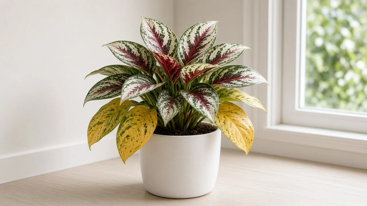 Yellow leaves on Aglaonema Snow White - yellow lower broad leaves on a white-splashed Chinese evergreen in bright indoor light
