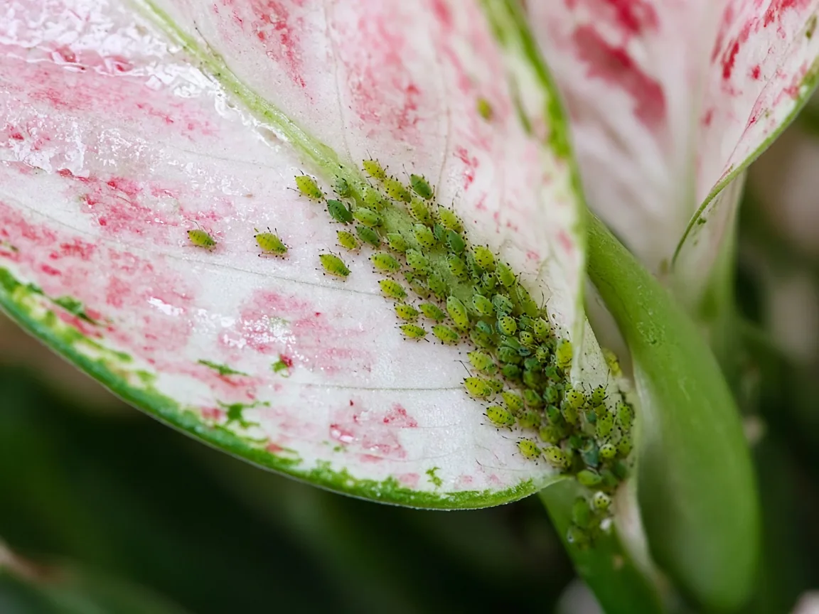 Close-up of soft green aphids clustered on a new rosy-white variegated leaf at the Aglaonema Super White crown