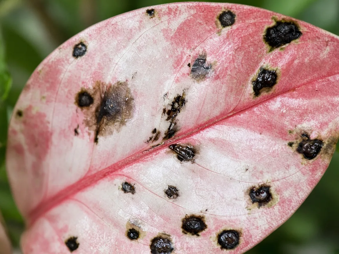 Close-up of black spots on Aglaonema Super White — water-soaked lesions on variegated foliage