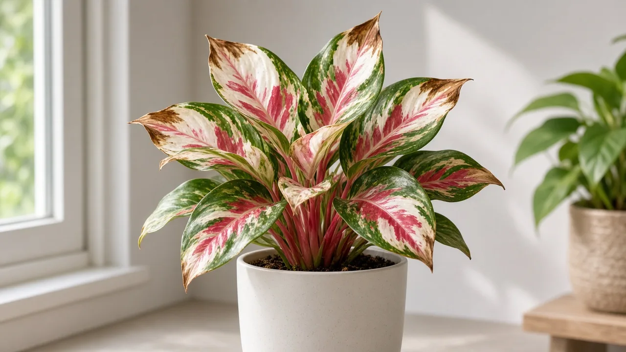 Brown Tips on Aglaonema Super White - dry crispy margins on rosy-white variegated Chinese evergreen leaves