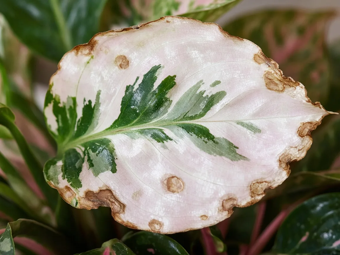 Close-up of cupped margin-burned new Super White crown leaf on rosy-white tissue
