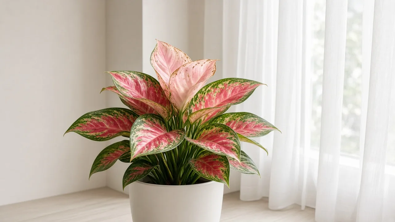 Calcium deficiency on Aglaonema Super White - cupped new broad leaf with tan margin burn on rosy-white tissue