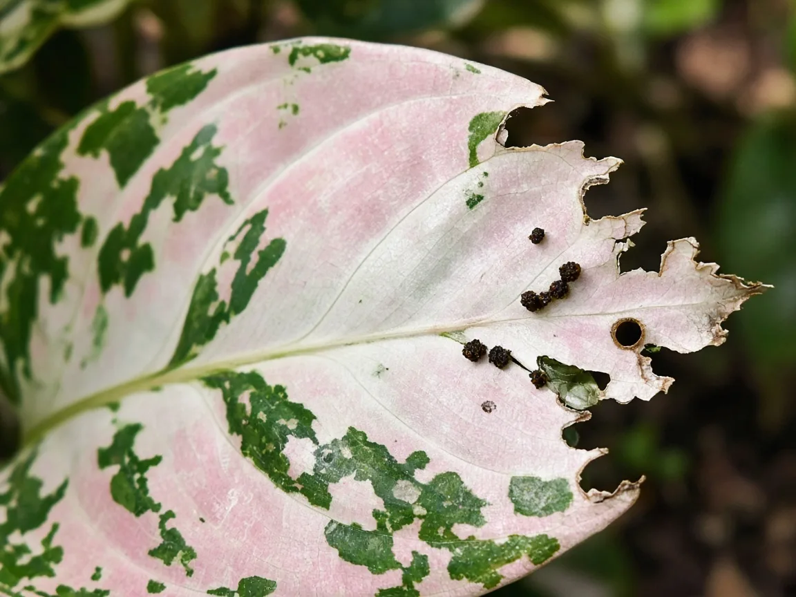 Close-up of caterpillar damage on Aglaonema Super White - irregular chewed notches on broad variegated rosy-white leaf with dark frass pellets