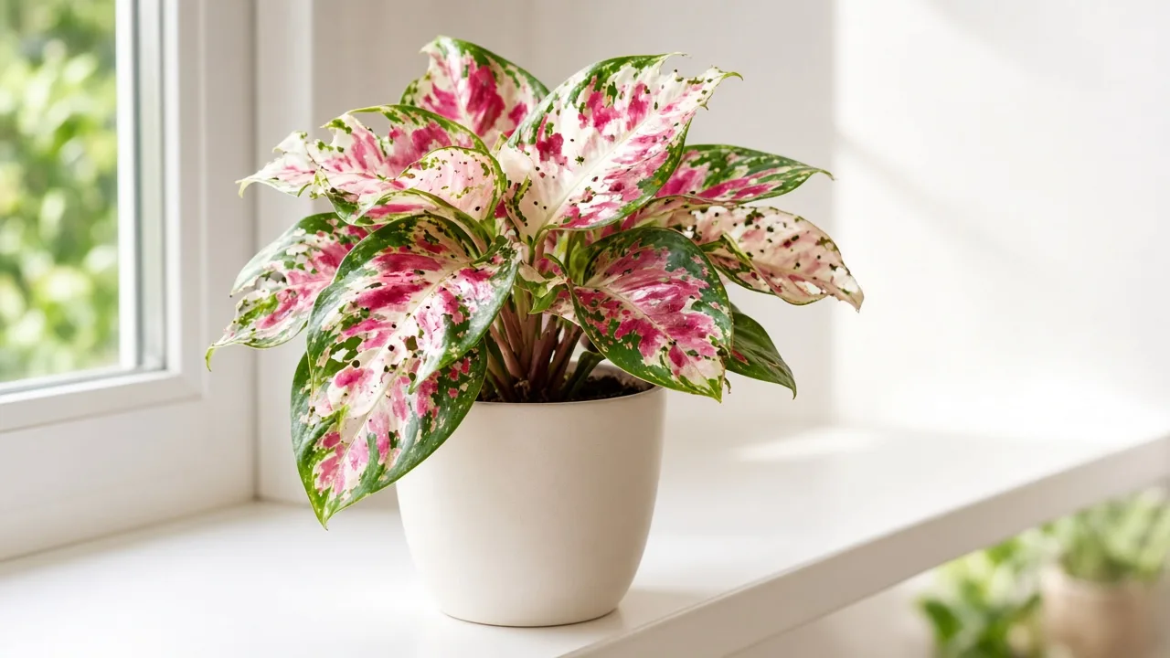 Caterpillars on Aglaonema Super White - ragged chewed notches on broad variegated rosy-white and green leaves with dark frass pellets
