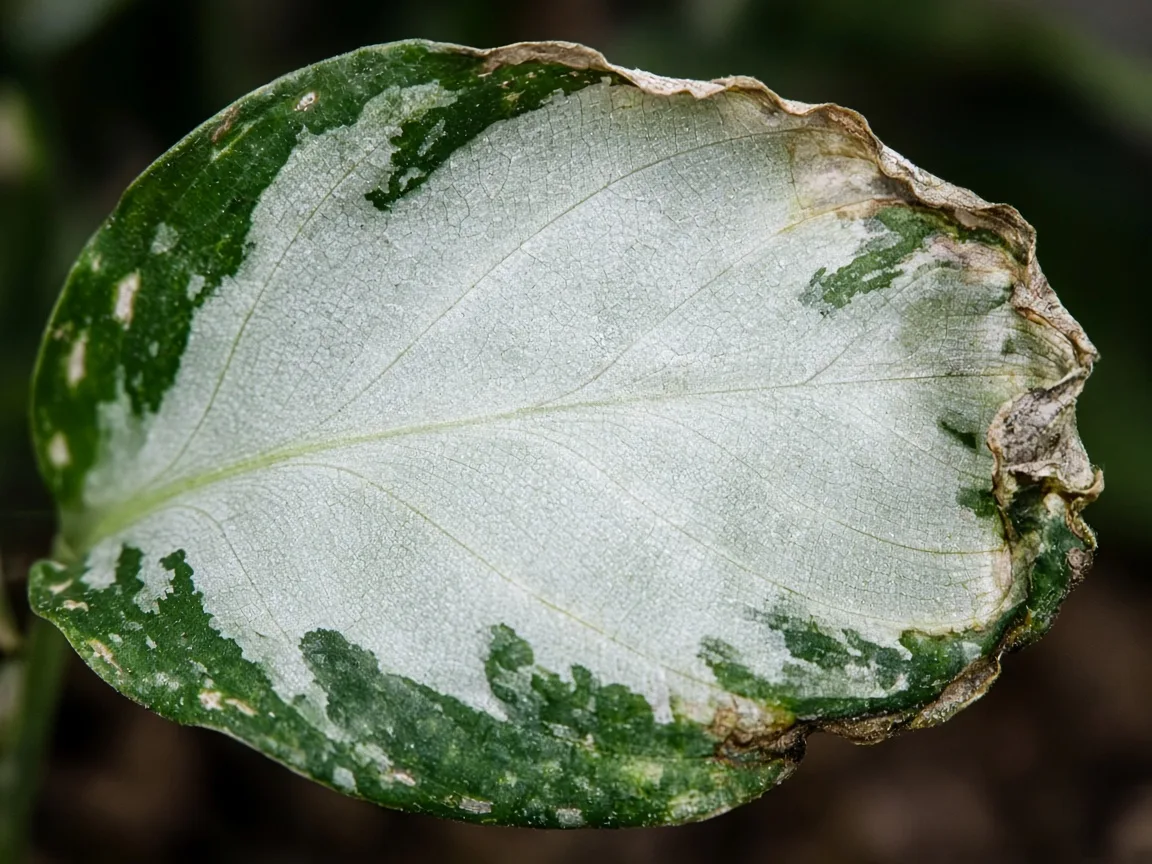 Close-up of curling leaves on Aglaonema Super White - cupped variegated leaf surface