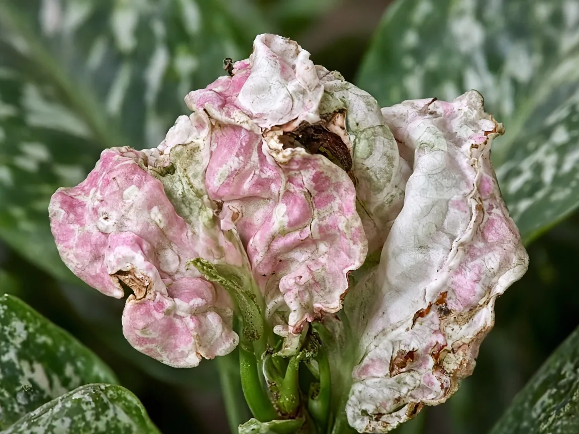 Close-up of distorted leaves on Aglaonema Super White — crinkled unfurling blade