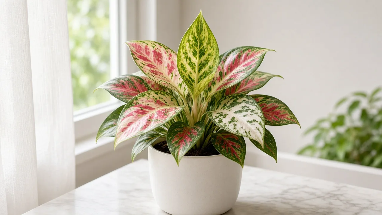 Iron deficiency on Aglaonema Super White - newest crown leaf with yellow tissue between dark green veins on rosy-white variegation