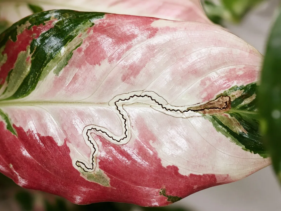 Close-up of a pale serpentine leaf miner tunnel inside a broad Aglaonema Super White variegated rosy-white and green leaf