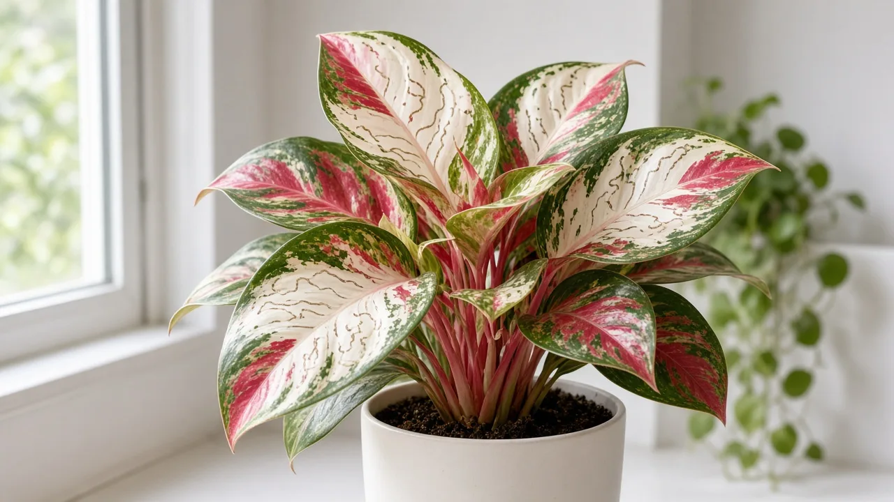 Leaf miners on Aglaonema Super White - pale serpentine tunnels winding through broad variegated rosy-white and green leaves