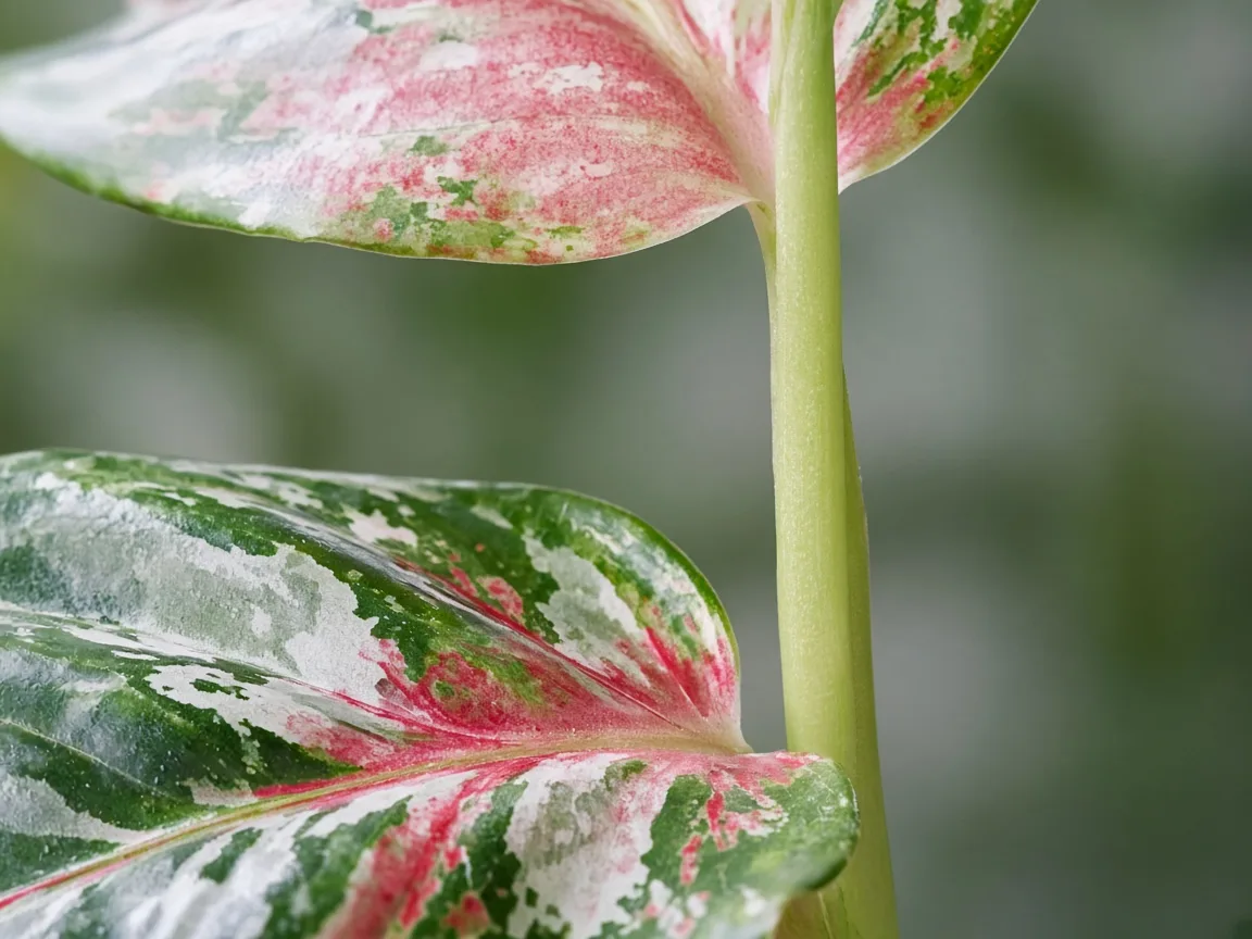 Close-up of leggy growth on Aglaonema Super White - elongated petioles with wide gaps between rosy-white and green leaves