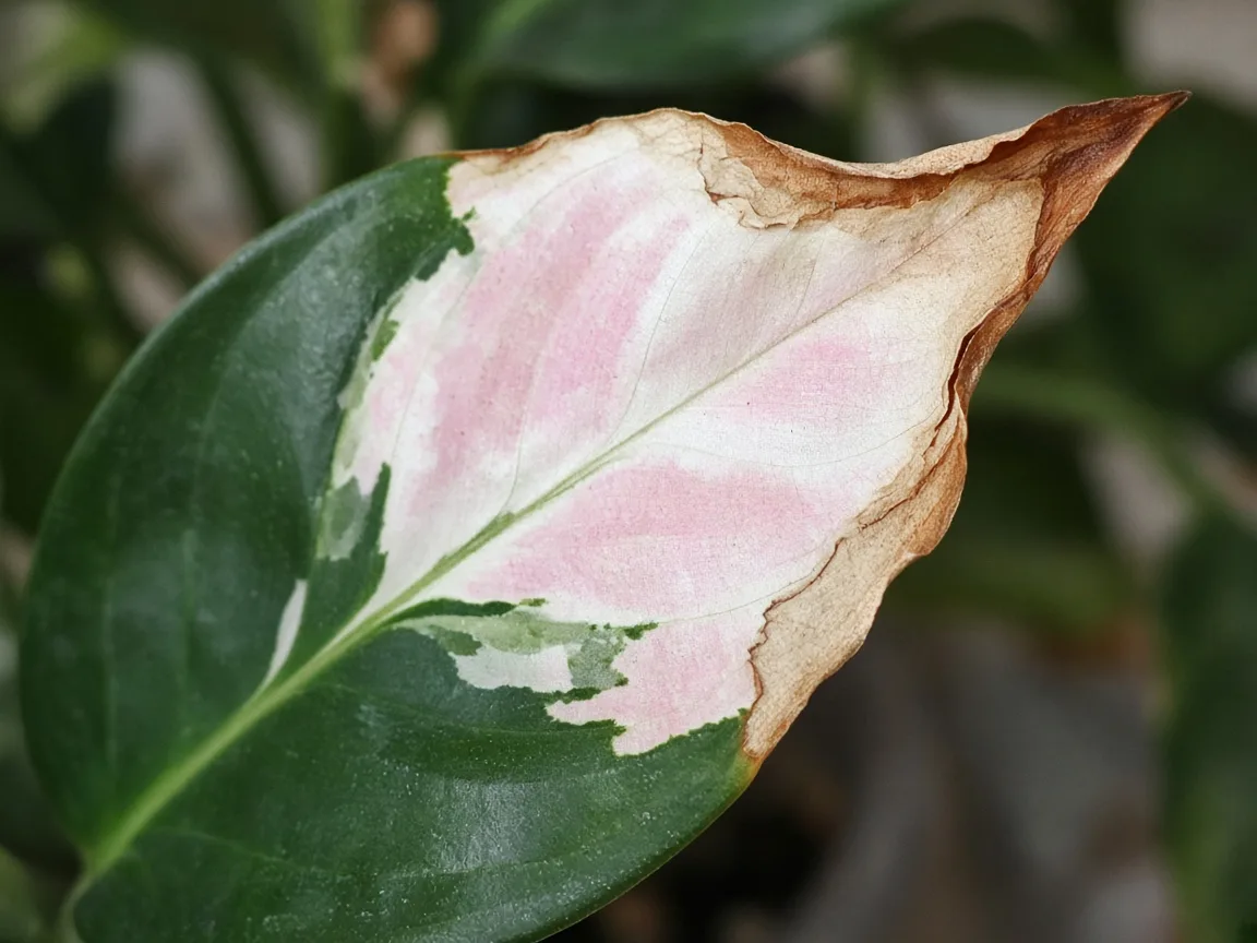 Close-up of low humidity on Aglaonema Super White - papery brown tips on pale variegated leaves