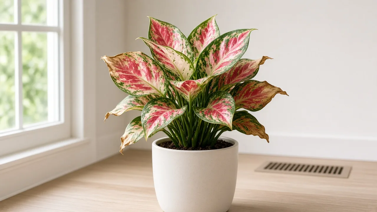 Low humidity on Aglaonema Super White - papery brown tips on rosy-white variegated Chinese evergreen leaves beside a winter heating vent