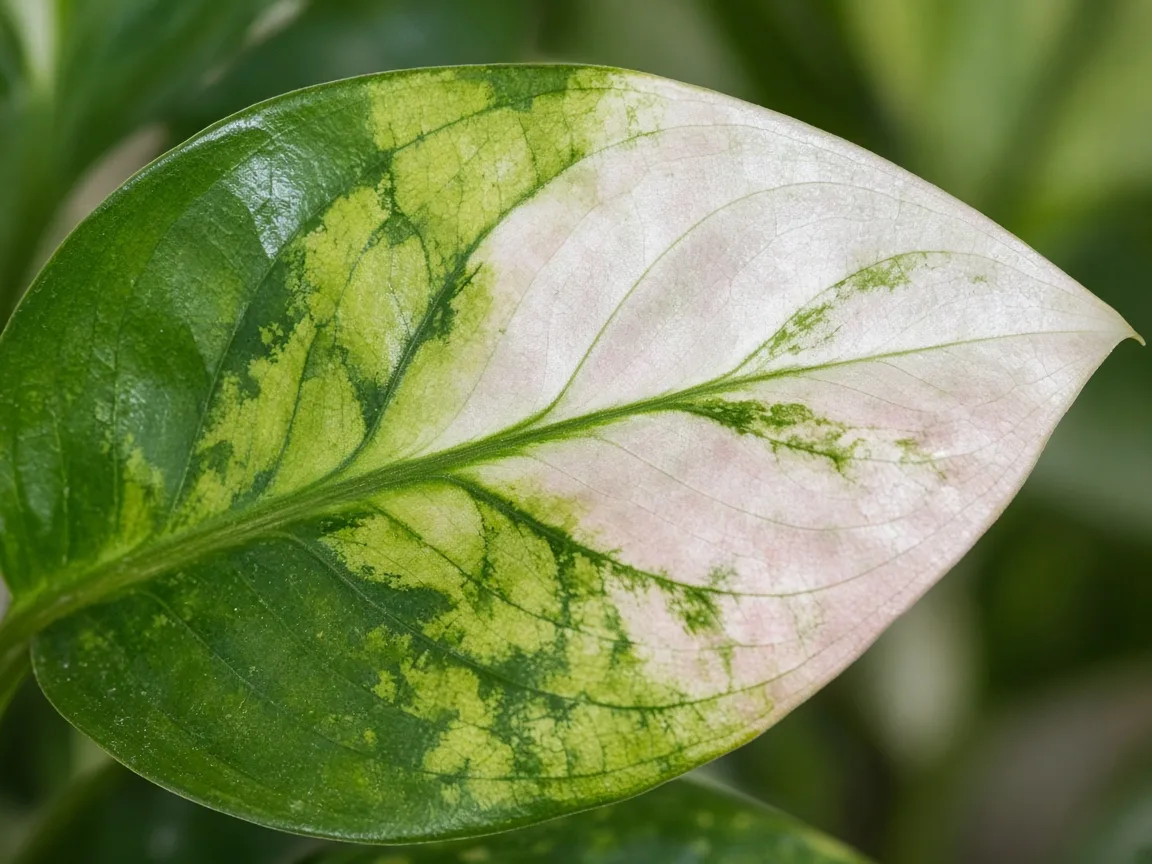 Close-up of interveinal chlorosis on older Super White variegated leaf