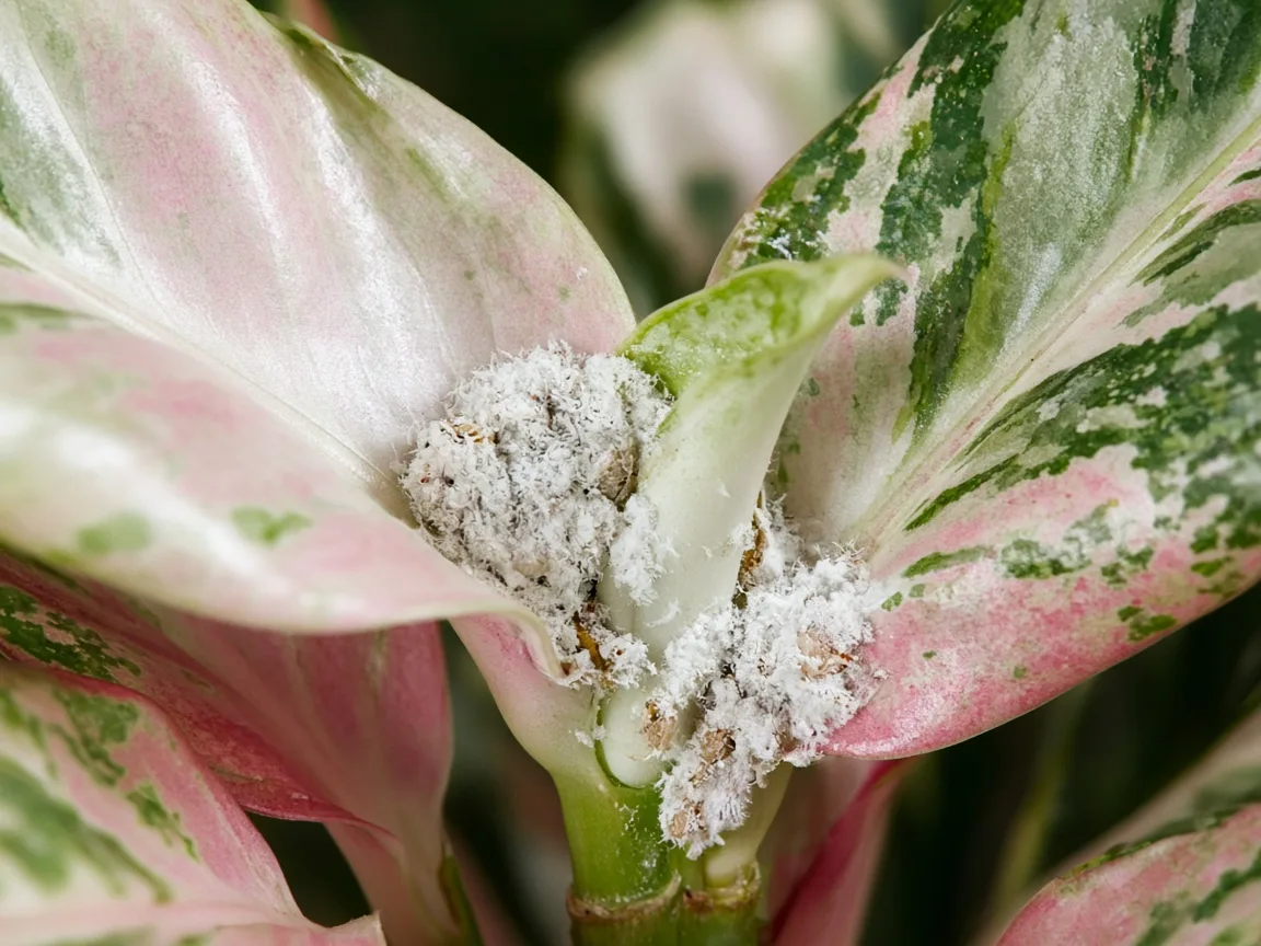 Close-up of white cottony mealybug clusters nestled in an Aglaonema Super White crown axil between broad rosy-white variegated leaves