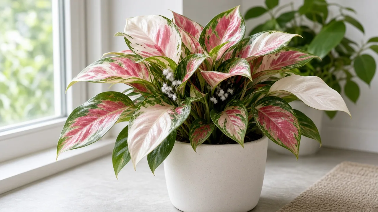 Mealybugs on Aglaonema Super White - white cottony clusters in crown axils on rosy-white variegated Chinese evergreen leaves