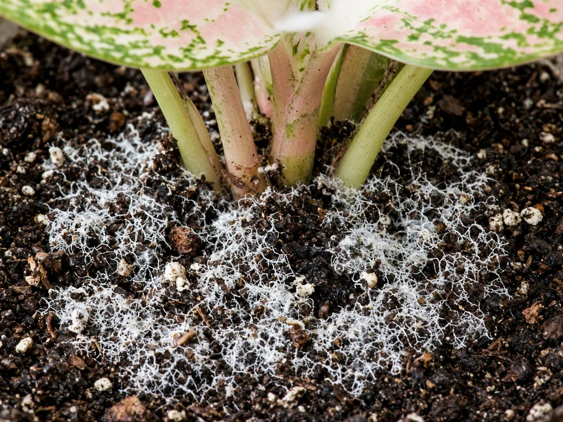Close-up of mold on soil on Aglaonema Super White - white fuzzy threads on damp peat at the base of broad variegated leaves