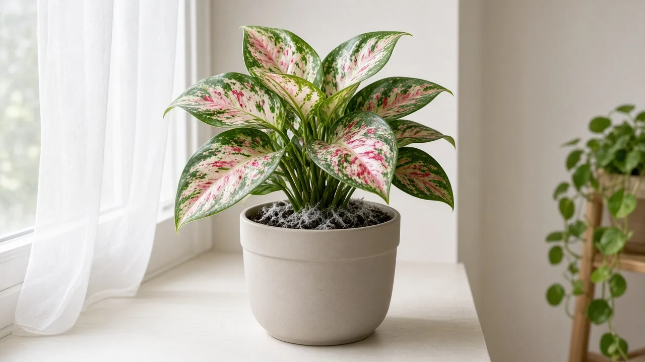 Mold on soil on Aglaonema Super White - white fuzzy growth on damp peat at the base of broad rosy-white variegated leaves