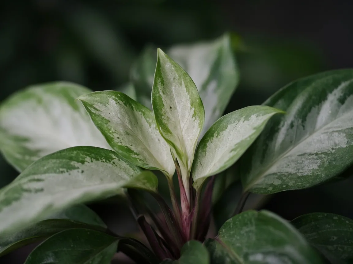 Close-up of small green-leaning new leaves on elongated petioles with faded white variegation on Aglaonema Super White