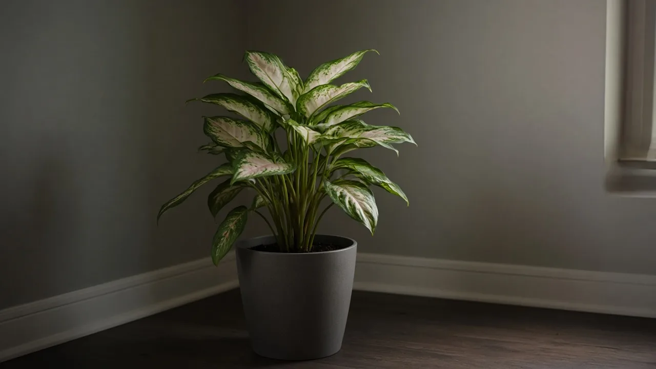 Not enough light on Aglaonema Super White - leggy variegated leaves fading to green in a dim indoor corner
