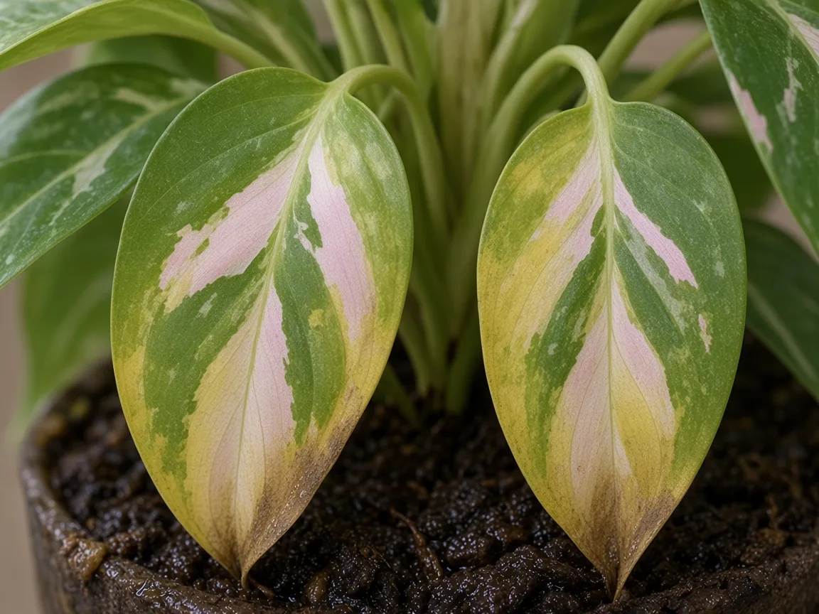 Close-up of yellow lower broad leaves and damp dark soil at the base of Aglaonema Super White