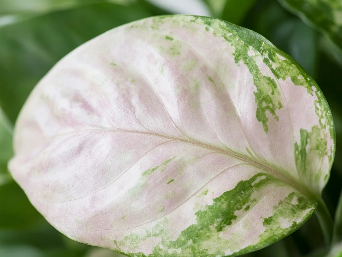Close-up of pale leaves on Aglaonema Super White — washed variegation on foliage