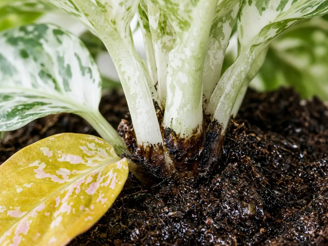 Close-up of root rot on Aglaonema Super White — soft dark crown tissue and yellowing lower white-splashed leaf