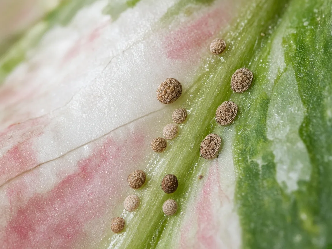 Close-up of tan scale insect bumps along the petiole base of a broad white-and-green Aglaonema Super White leaf