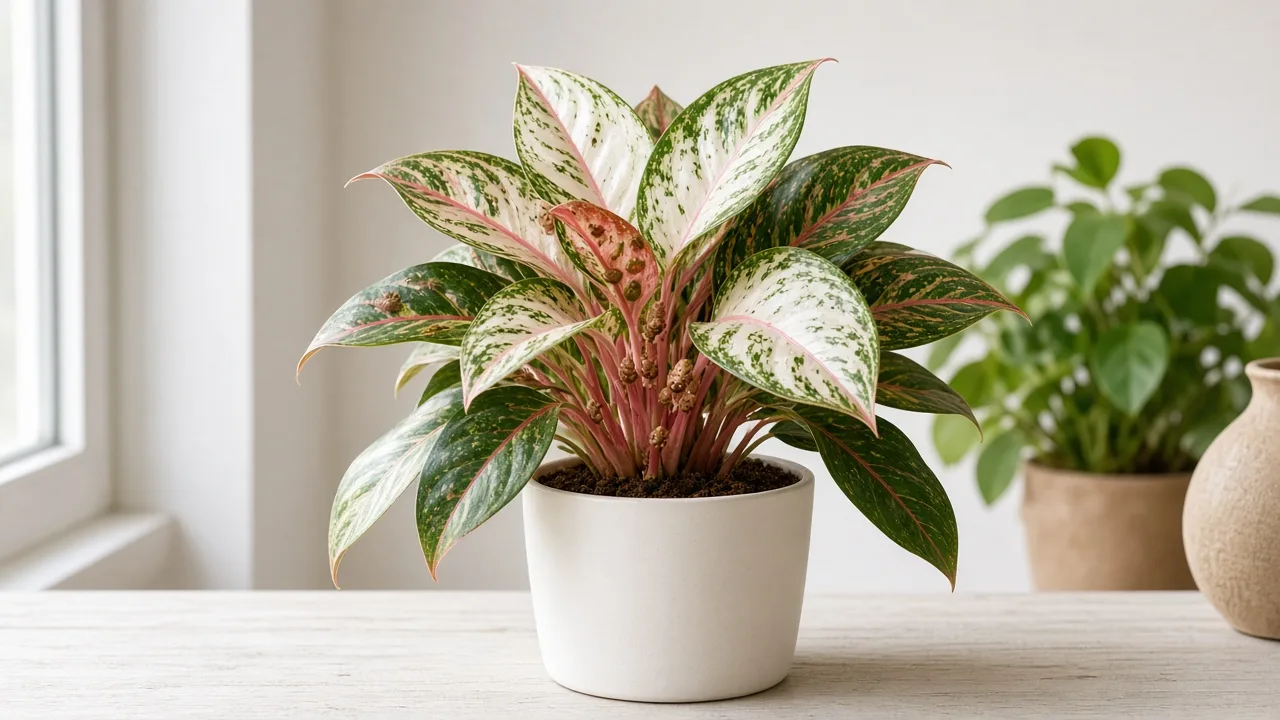 Scale insects on Aglaonema Super White - tan bumps on broad white-and-green variegated leaf petiole bases