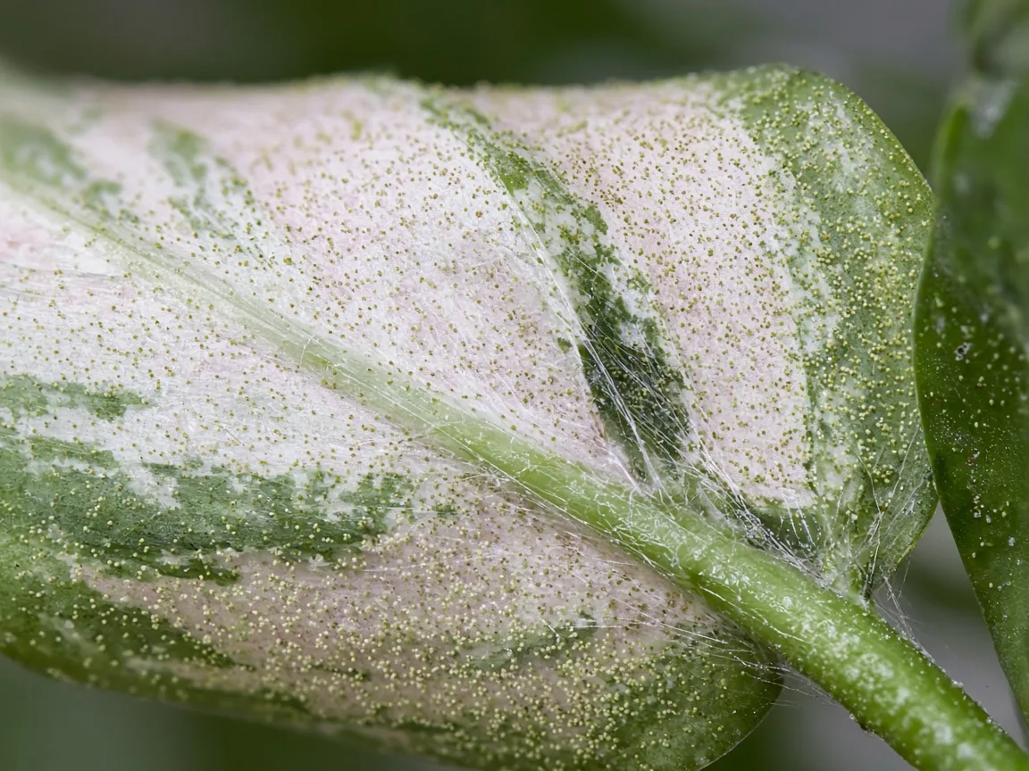 Close-up of fine yellow stippling and delicate webbing along a rosy-white variegated leaf underside on Aglaonema Super White