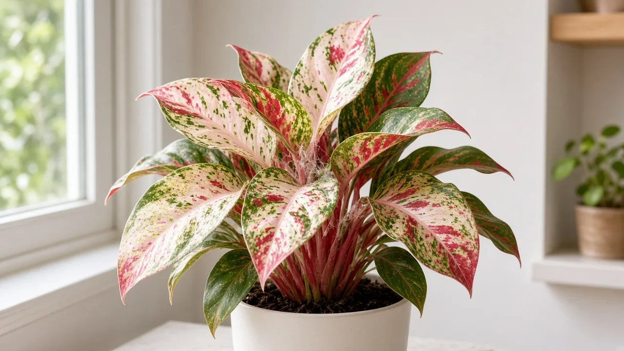 Spider mites on Aglaonema Super White - stippling on broad rosy-white variegated leaves in an upright clump
