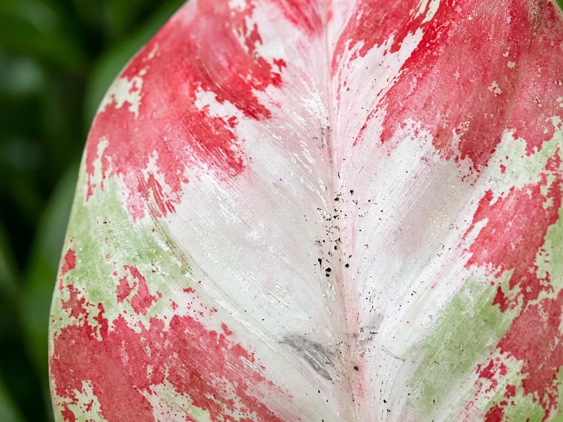 Close-up of thrips damage on Aglaonema Super White - silvery streaks and black frass on a broad rosy-white and cherry-red splashed leaf