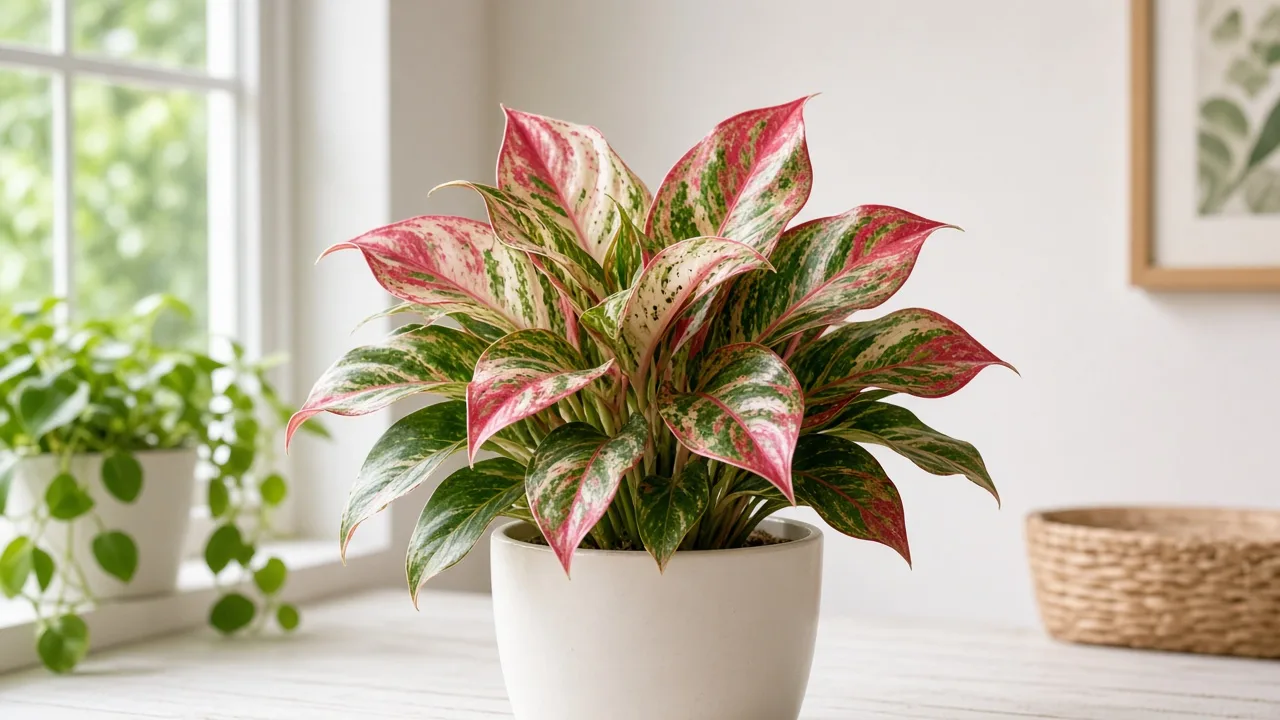 Thrips on Aglaonema Super White - silvery streaks on broad rosy-white and cherry-red splashed Chinese evergreen leaves